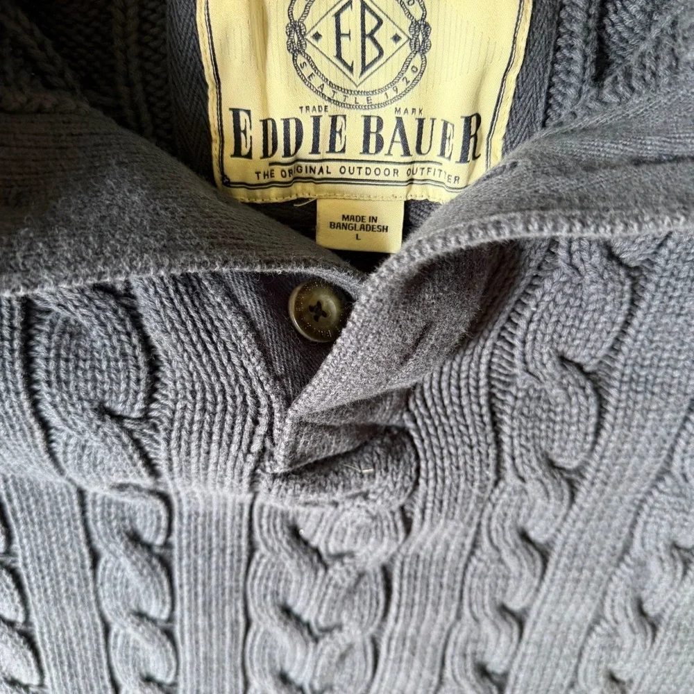 Eddie‎ Bauer Mens Navy Blue Cable Knit Cotton Mock Neck Button Sweater Large
